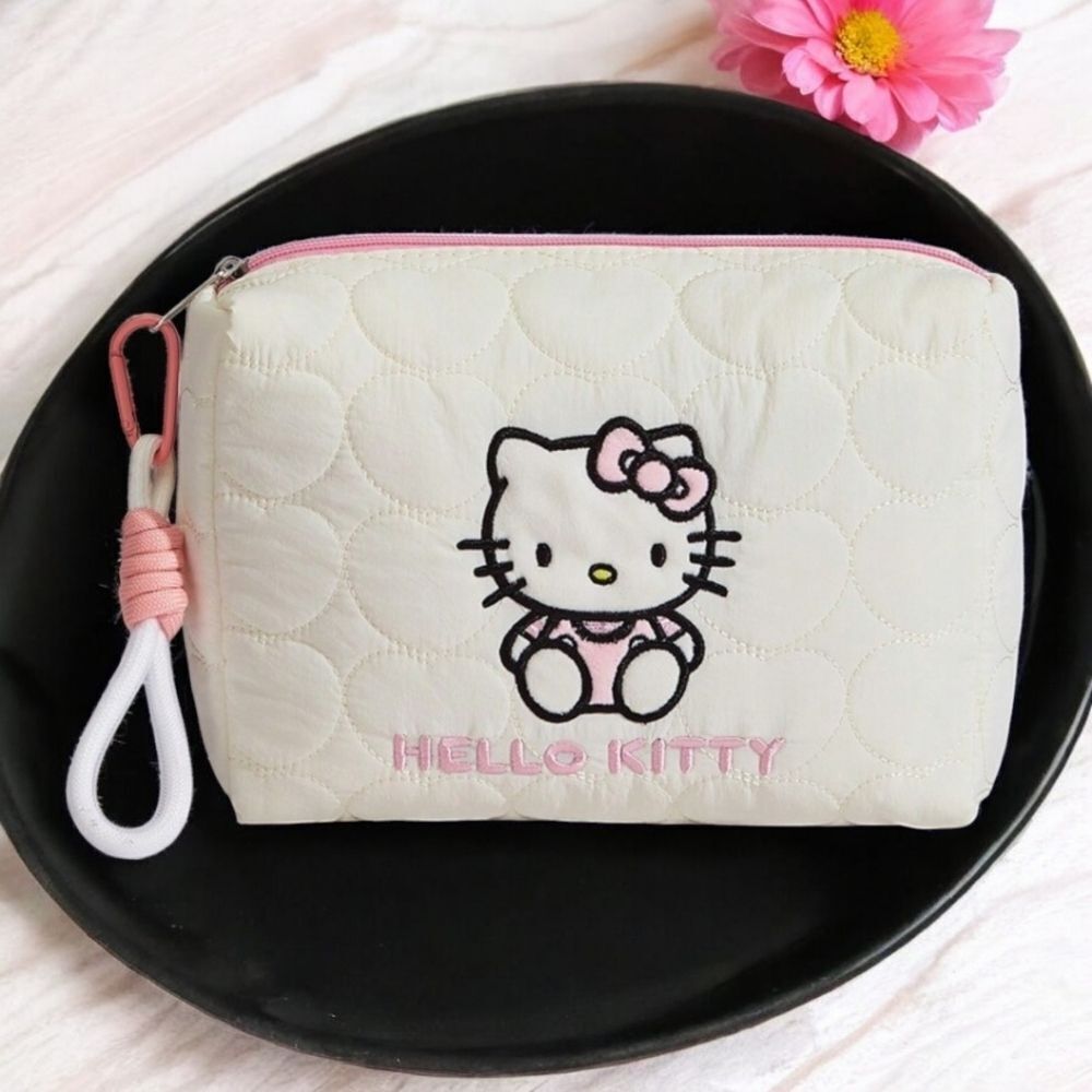 Hello Kitty Wristlet Cosmetic Bag Embroidered Sanrio Makeup Quilted Heart Kawaii